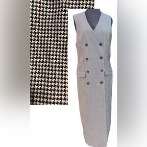 Vtg 90s Preppy Houndstooth Wool Old Money Double Breasted Blazer Midi Dress 12